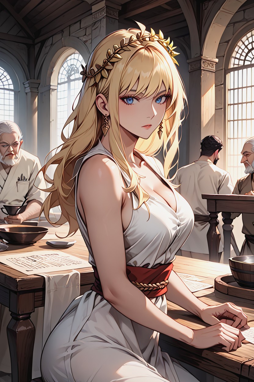 In Ancient Roman House, Hard Lighting, Sitting Behind A Table Hentai AI Porn