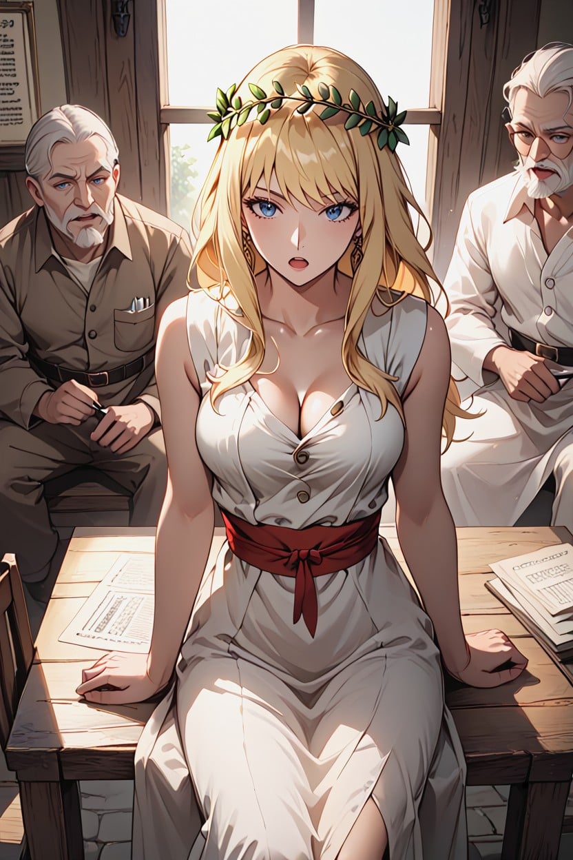 Sitting On Wooden Chair, Sitting Behind Wooden Table, Blue Eyes Hentai AI Porn