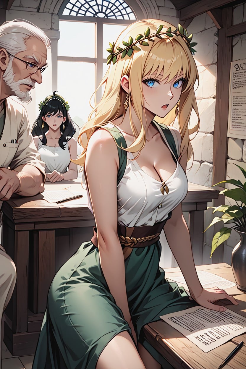 Sleeveless Collarless Ancient Roman Tunic With Cloth Sash, No Necklace, Breasts Cleavage Hentai AI Porn