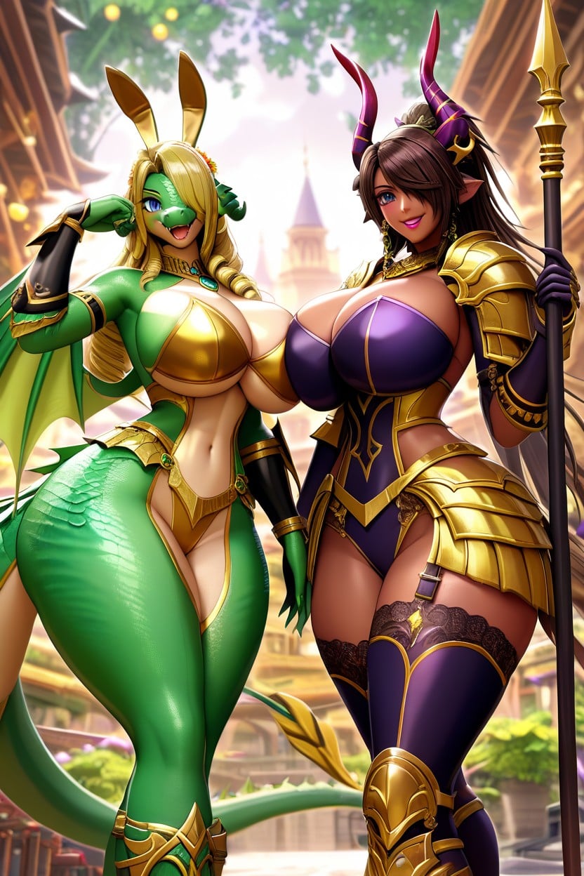 Gold Armor Faulds With Emerald Green Scale Tassets, Exposed Midriff, Gold Blonde Hair Furry AI Porn