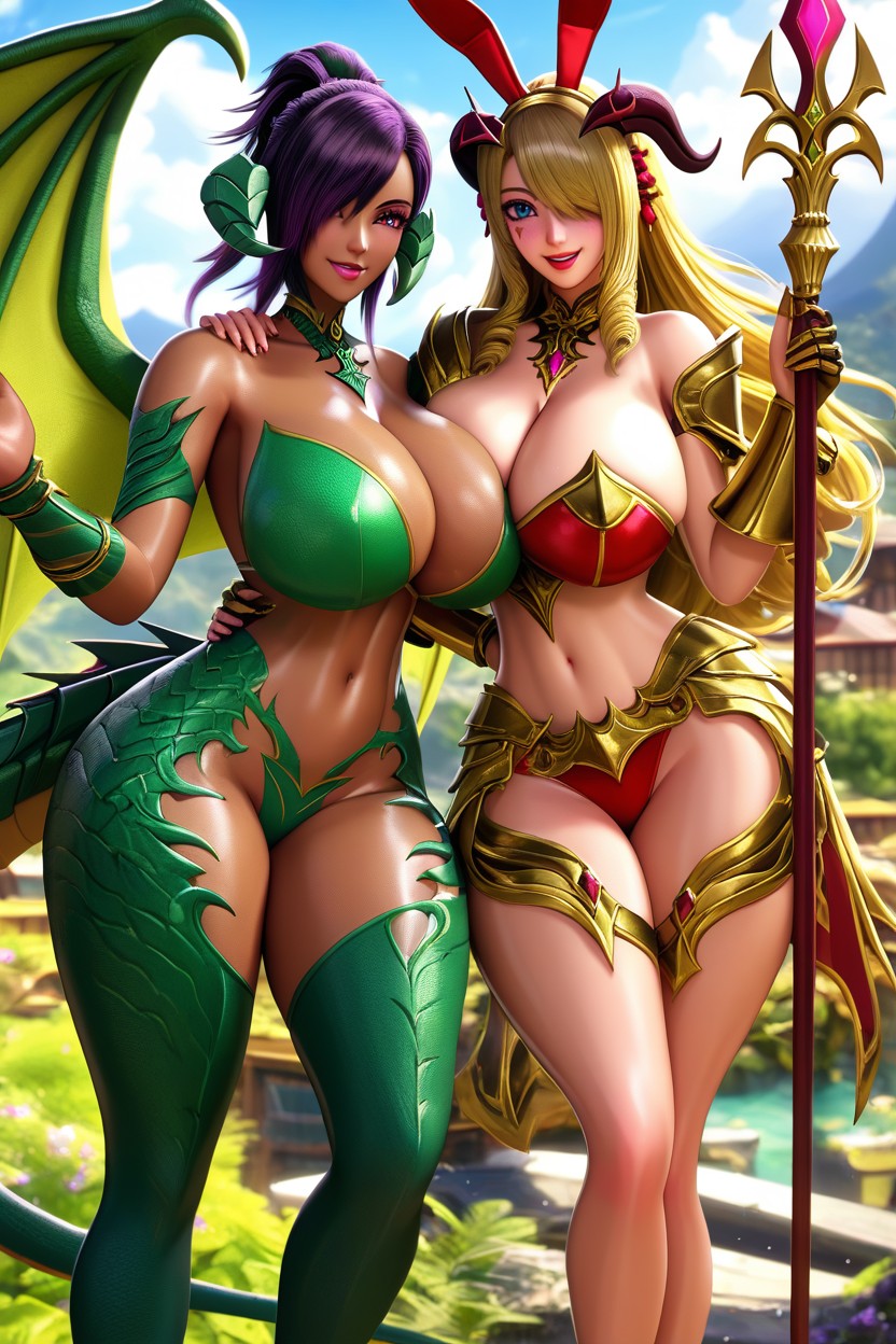 Wide Hips, Emerald Green Scale Thigh Armor With Gold, Huge Green Dragon Wings Hentai AI Porn