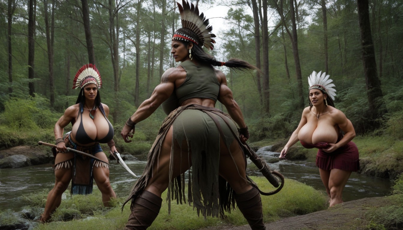 18+, Hyper Mega Colossal Beefy Muscular Warrior Glutes, Combative Native American Warrior Women AI Porn