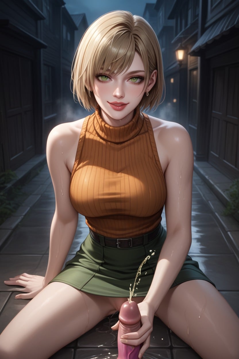 Night, Squirt Puddle On Floor, Female Blonde Bob Hair Hentai AI Porn