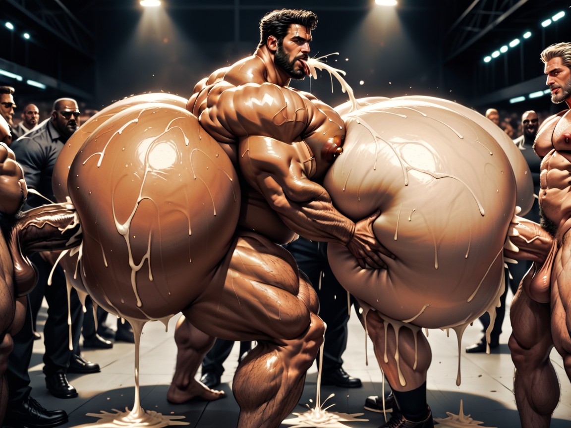 Oiled Skin, Extremely Large Ass, Many People Around AI Gay Porn