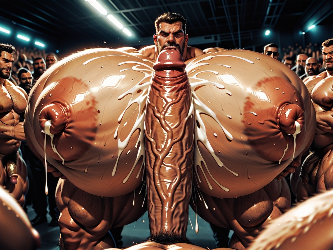 Oiled Skin, Huge Hyper Nipples, Bearded AI Gay Porn