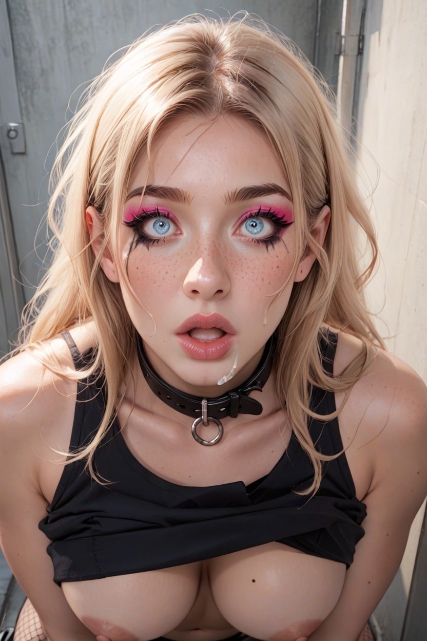 Black Tank Top Lifted Up Over Breasts, Pink Perfect Nipples, White Skin Hentai AI Porn