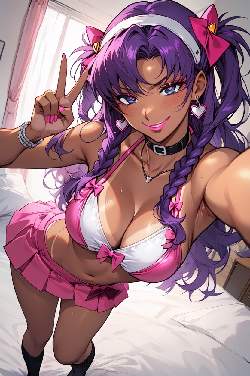 Tanned Skin, Stripe Knee High Socks, One Hand Peace Sign Hentai AI Porn