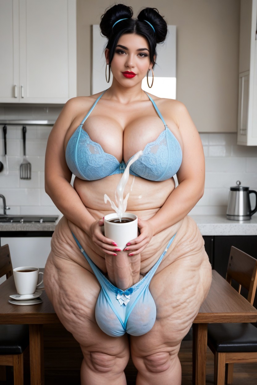 Messy Orgasm, One Large Coffee Cup On The Table, Excessive Cum Shemale AI Porn