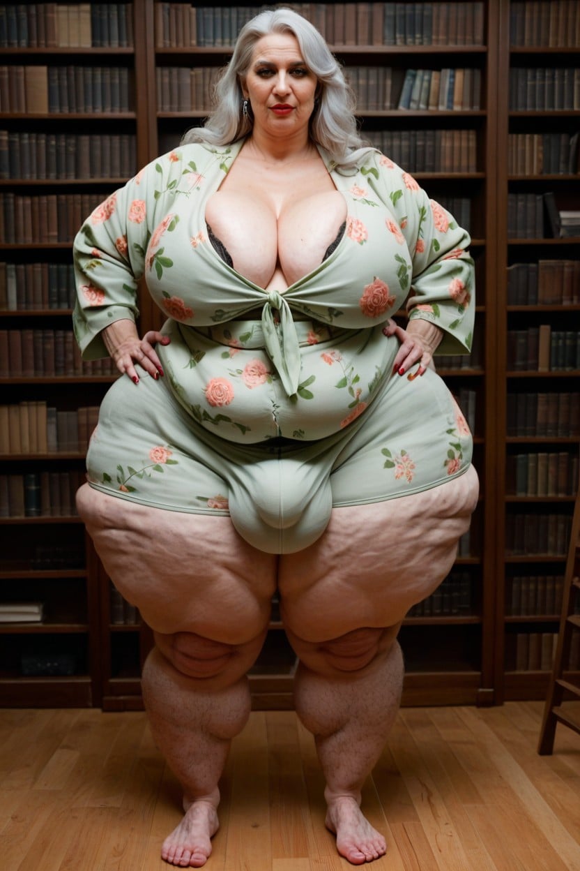 Standing In Library, Green Flower Onesie, Plump Lips AI Porn