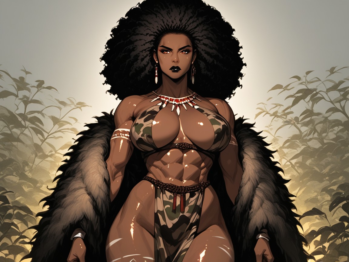 Muscular, Woman Looking Away, Wood Shields Behind Woman Latina AI Porn
