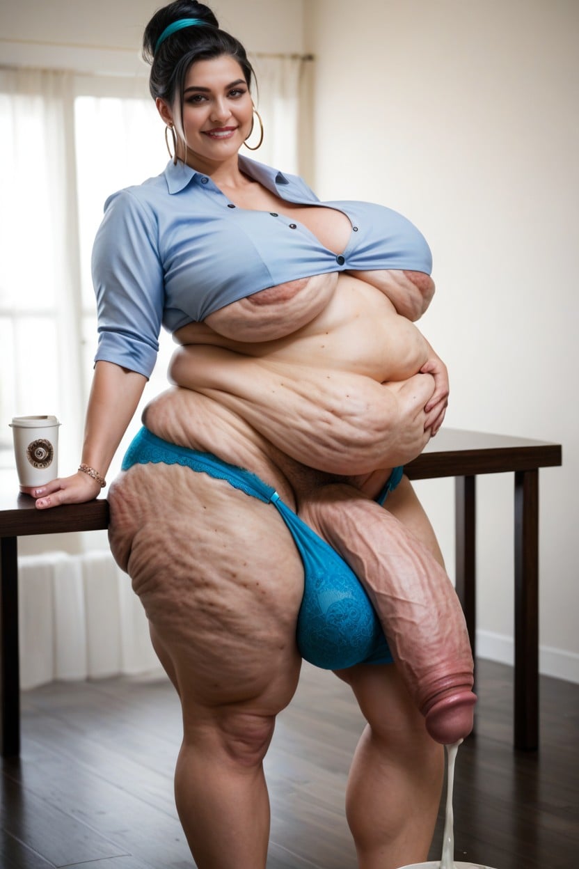 Impossibly Long Hyper Penis, Standing Behind Table, Light Blue Panties Shemale AI Porn
