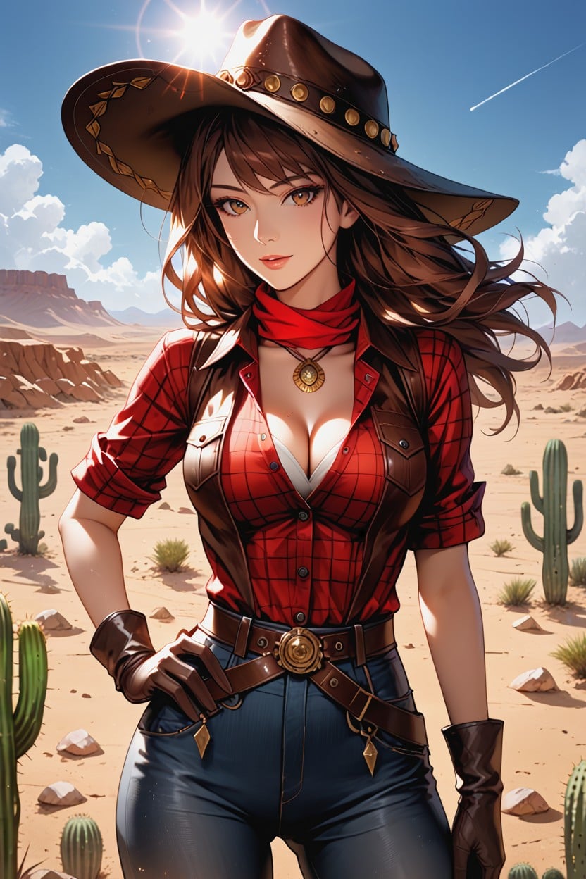 Red Scarf Tied On Neck, Front View, Medium Breast Hentai AI Porn