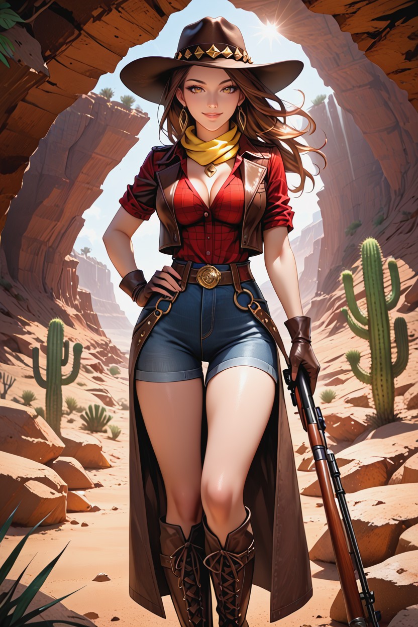 Legs Spread, And Freight Wagon In Background, Long Permed Brown Hair Hentai AI Porn