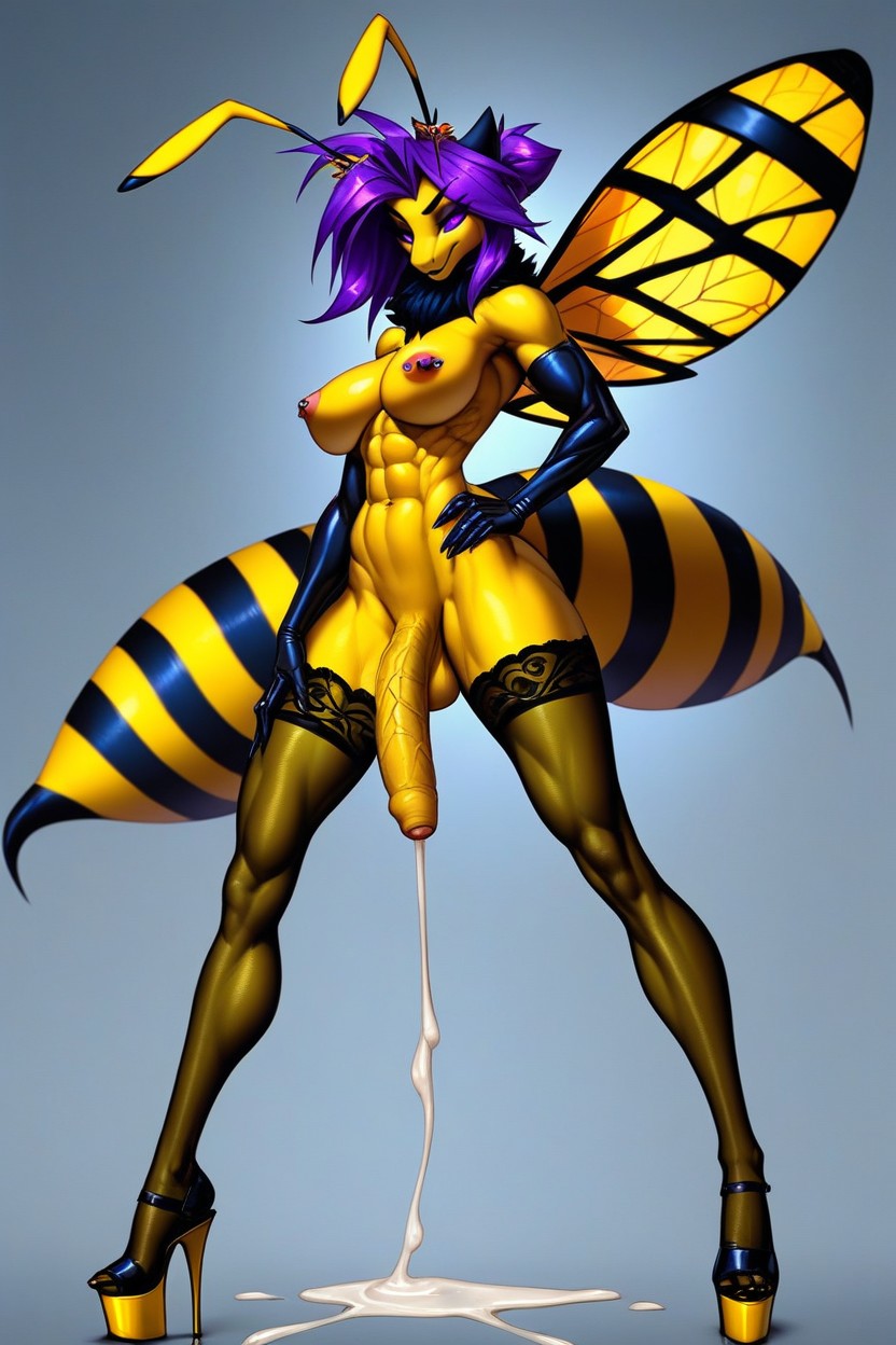 Side View, Uncut Cock, Female Anthro Bee Furry Furry AI Porn