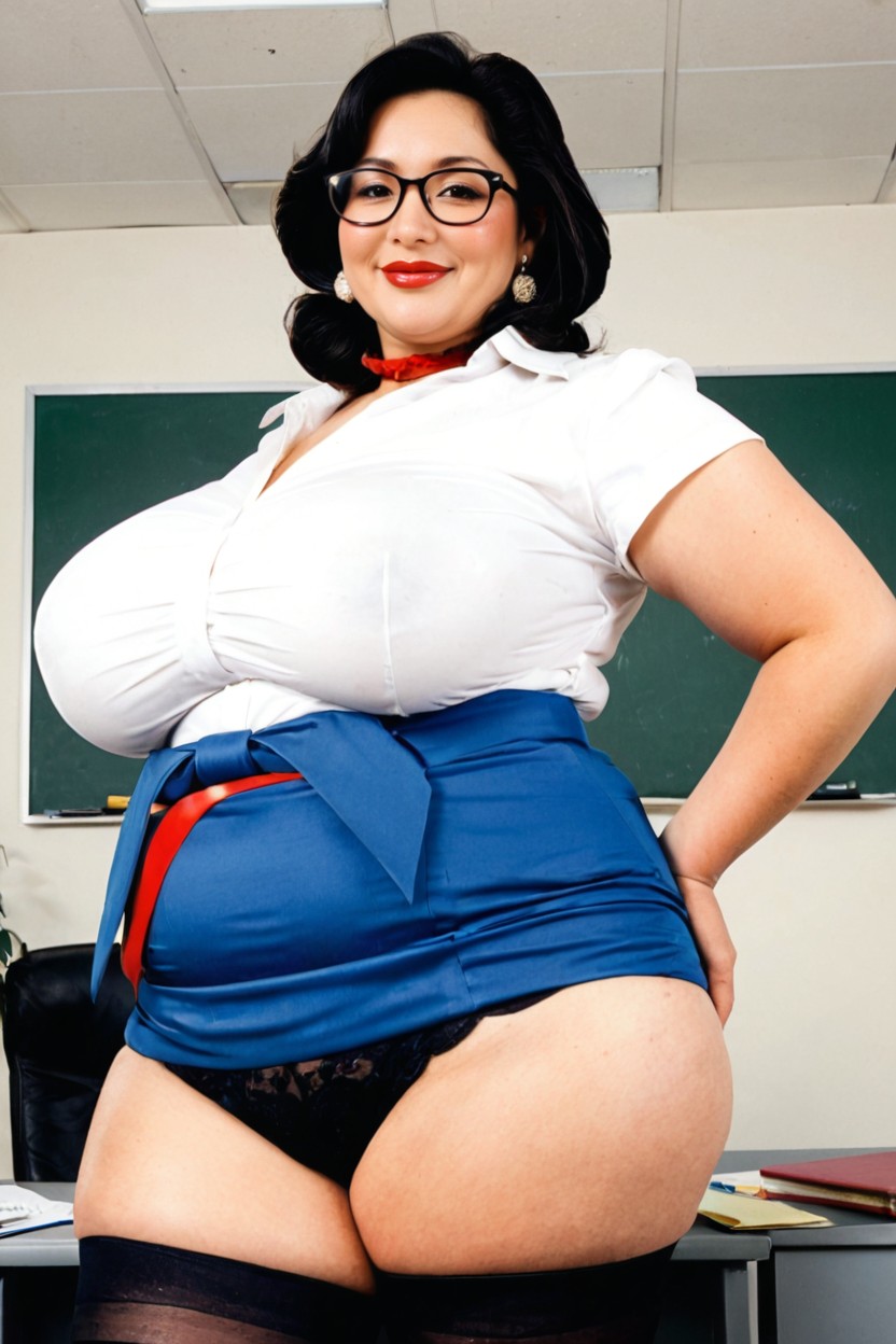 Black Glasses, Thick Red Lips, Gray Office Skirt BBW AI Porn