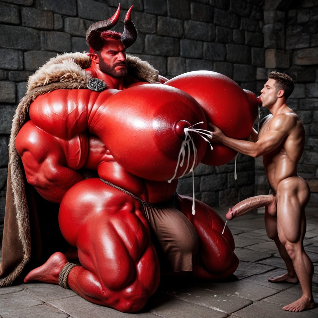 Red Devil's Arms Tied Behind Back, Mouth Agape, Massive Muscles Porno IA Gay