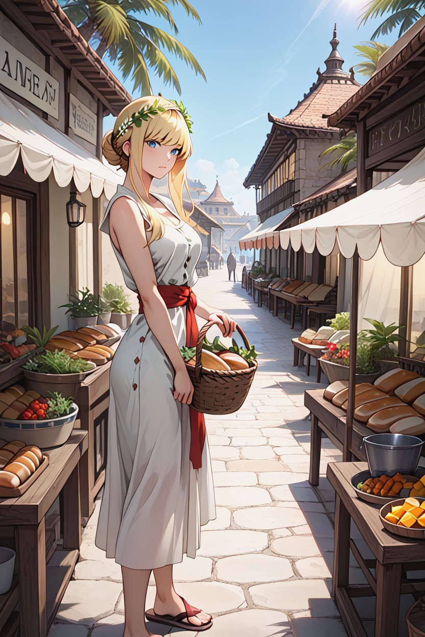 White Colored Tunic, Medium Breast, Standing In Front Of A Market Stall Hentai AI Porn