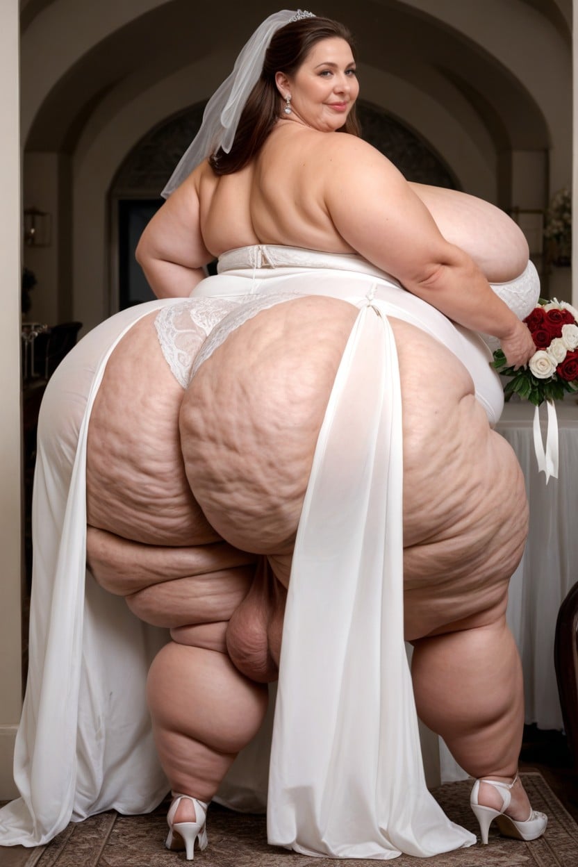 Cellulite Arms, Standing In Wedding Ceremony, White Wedding Dress AI Porn