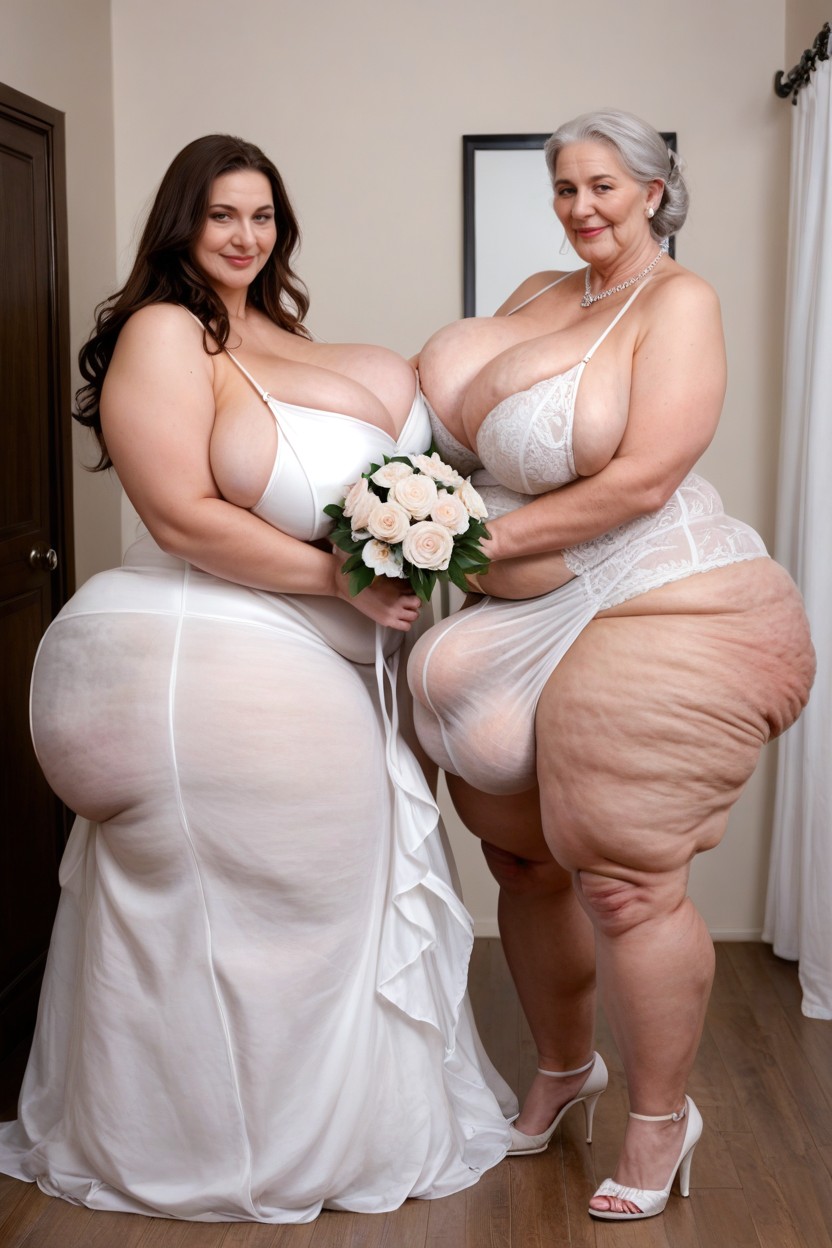 Mature, Hips So Wide Seeing Hips From The Front Cellulite Body Plump Lips Hair Down To Shoulders, Obese AI Porn