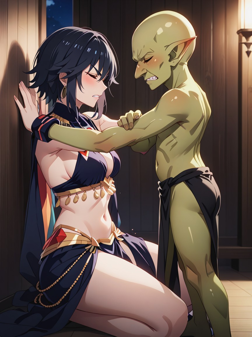 Female Sit Against Wall, Kneeling, Goblin No Gag Hentai AI Porn