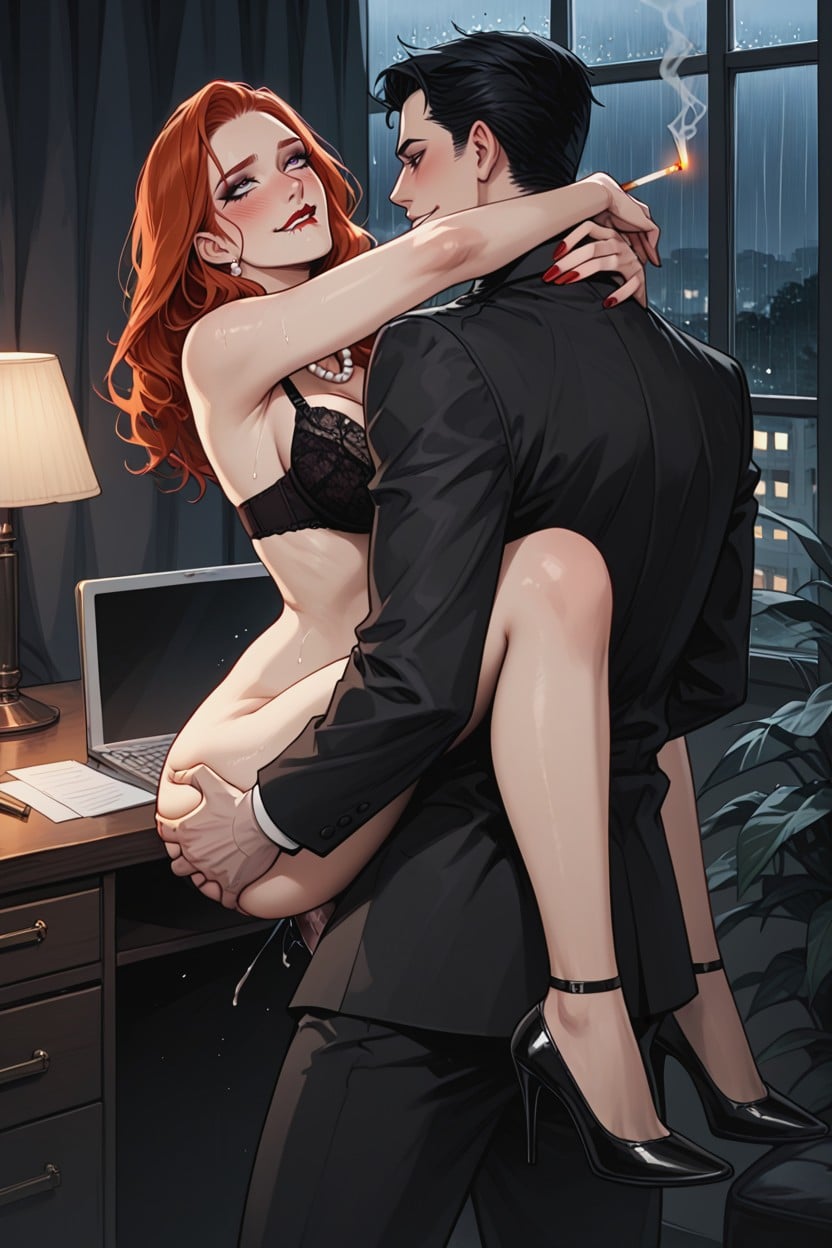 Biting Lip, Rain, Black Bra Hentai AI Porn