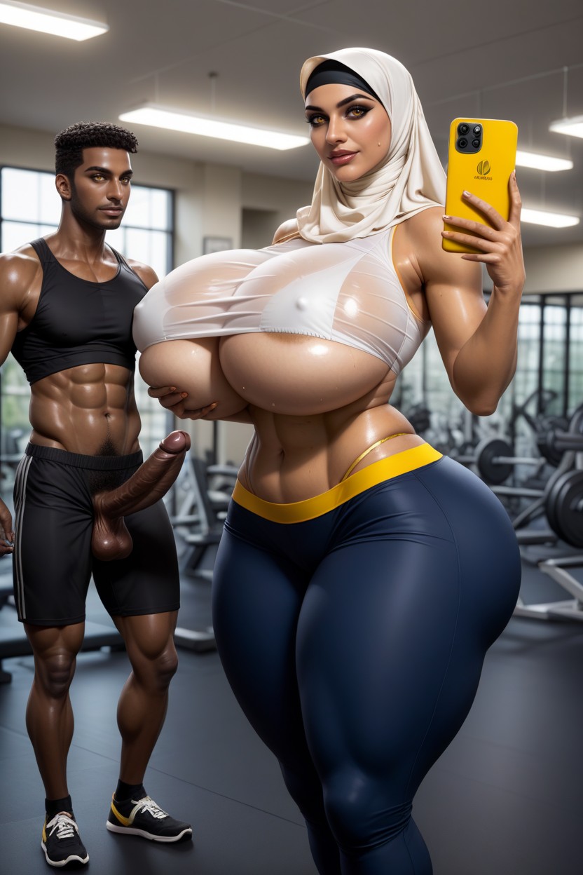 In Gym, Gigantic Breasts, Husband Is Taller Than Wife Hentai AI Porn