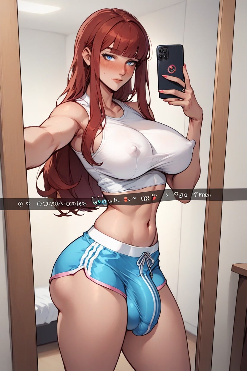 Auburn Hair, Fat Penis, White Crop Top With Pink Lace Brat Underneath Shemale AI Porn
