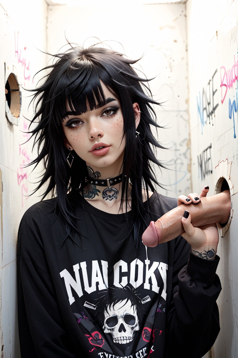 Emo, Bathroom Stall, Black Hair AI Porn