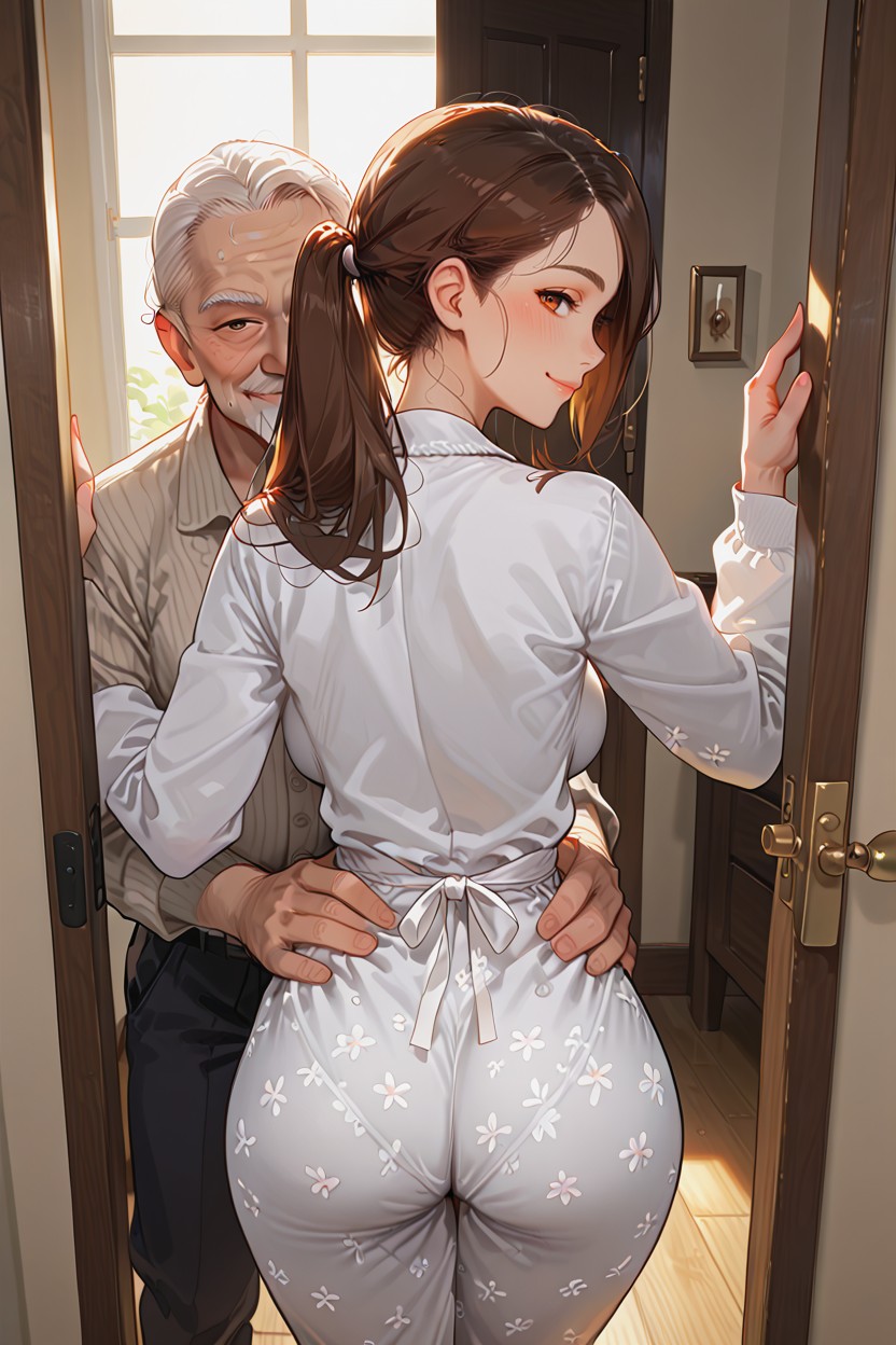 Seductive Smile, Full Natural Breasts, Old Man Grabbing Waist From Behind Hentai IA