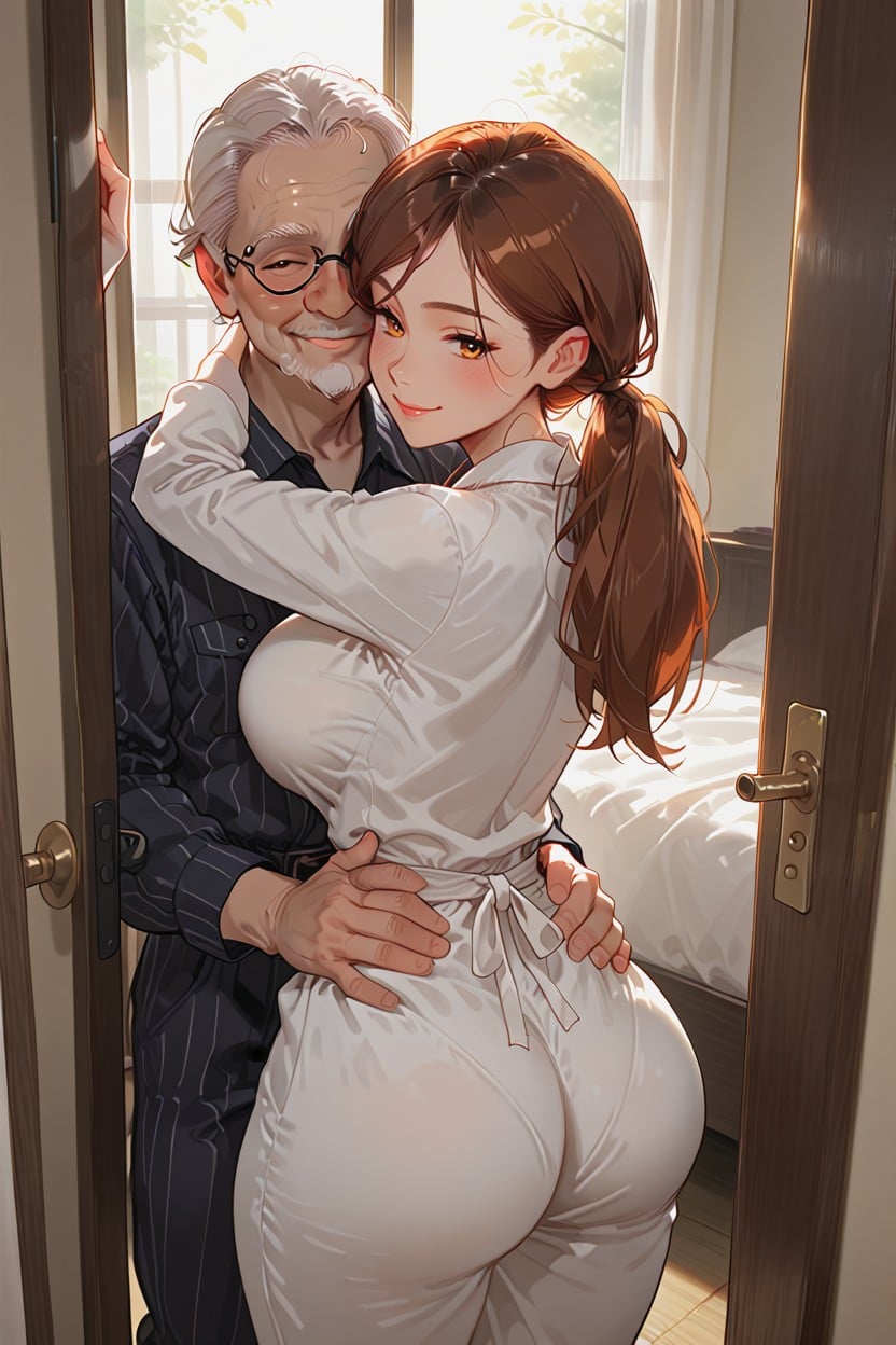 Tripod Behind Man, Helen Closing Doors, Old Man Grabbing Waist From Behind Hentai AI Porn