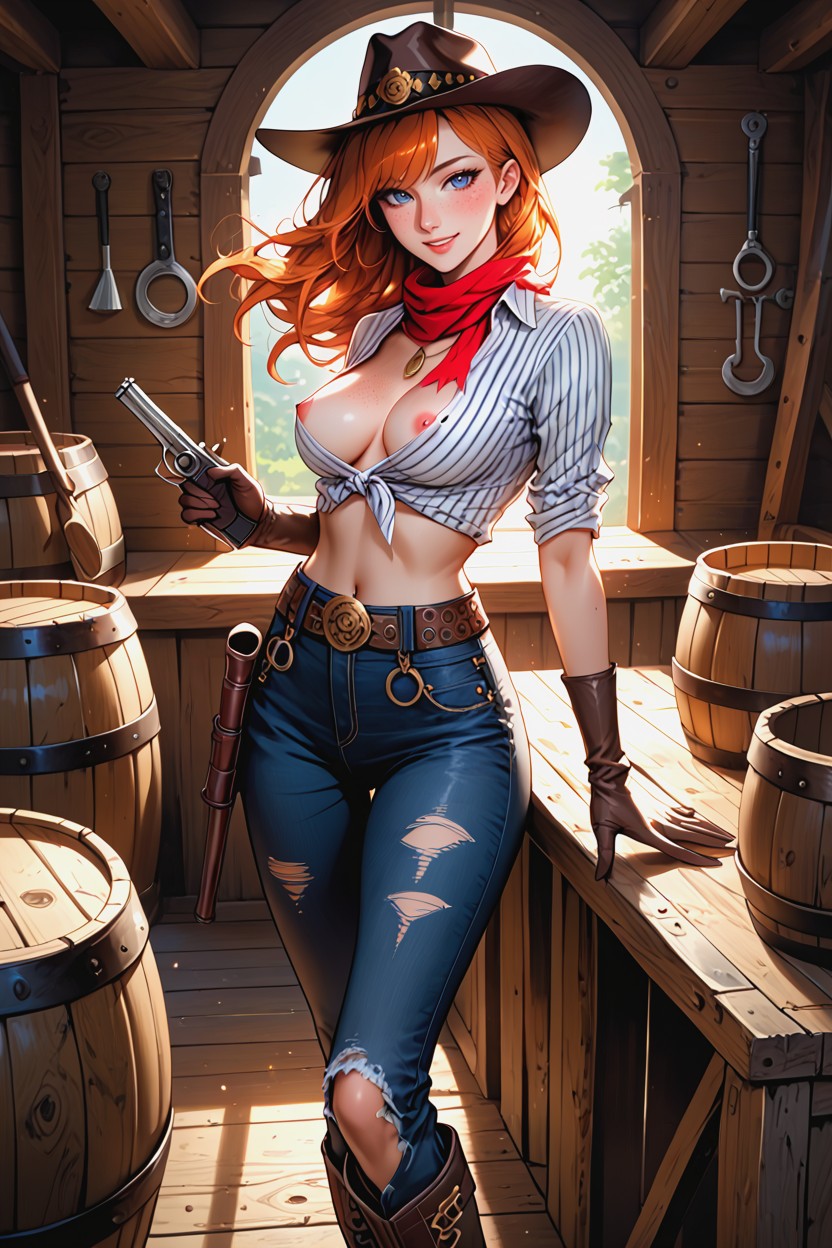 Hitching Posts, Wasp Waist, Bare Breasts Exposed Hentai AI Porn