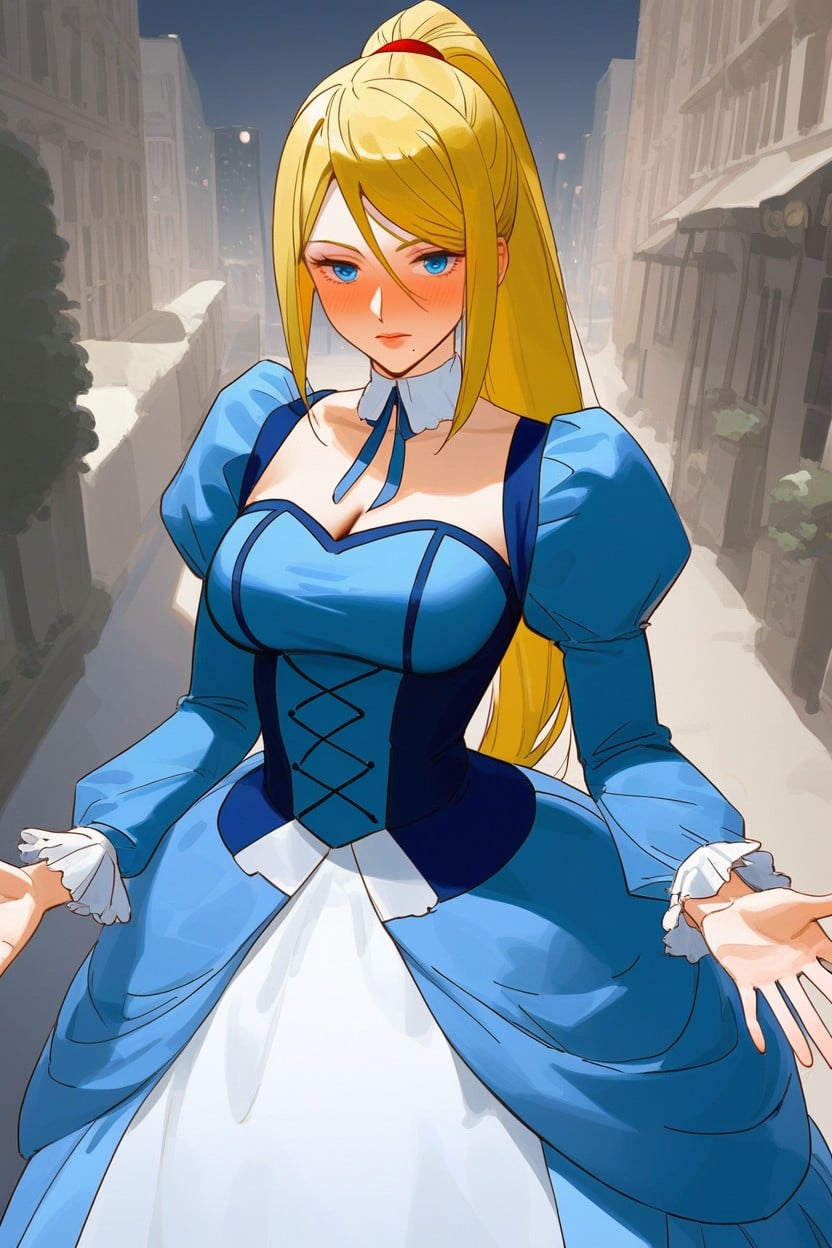 Samus Aran, Intricate Blue Princess Dress, Blushing AI Porn