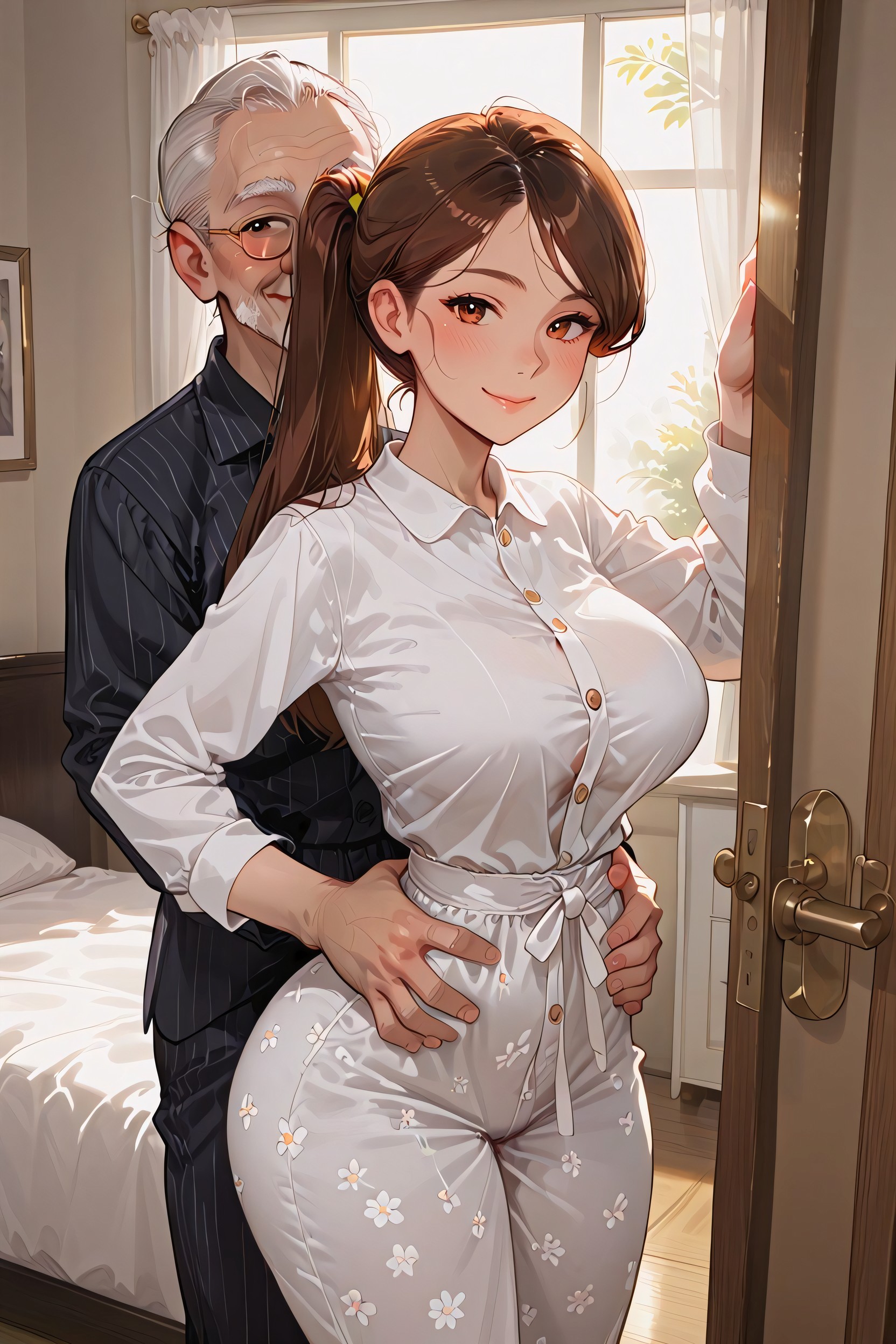 Hands On Back Of Head, Mouth Closed Smile, Window Hentai AI Porn