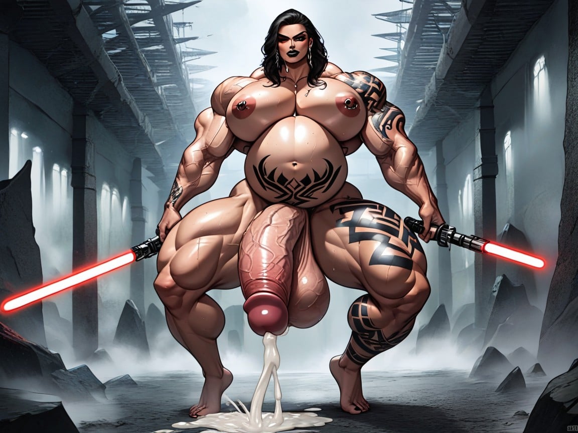 Gigantic Hyper Muscular Futanari Ejaculating Over A Shorter Bimbo, Pierced Nipples, Sith Rey Porno IA transsexuelle