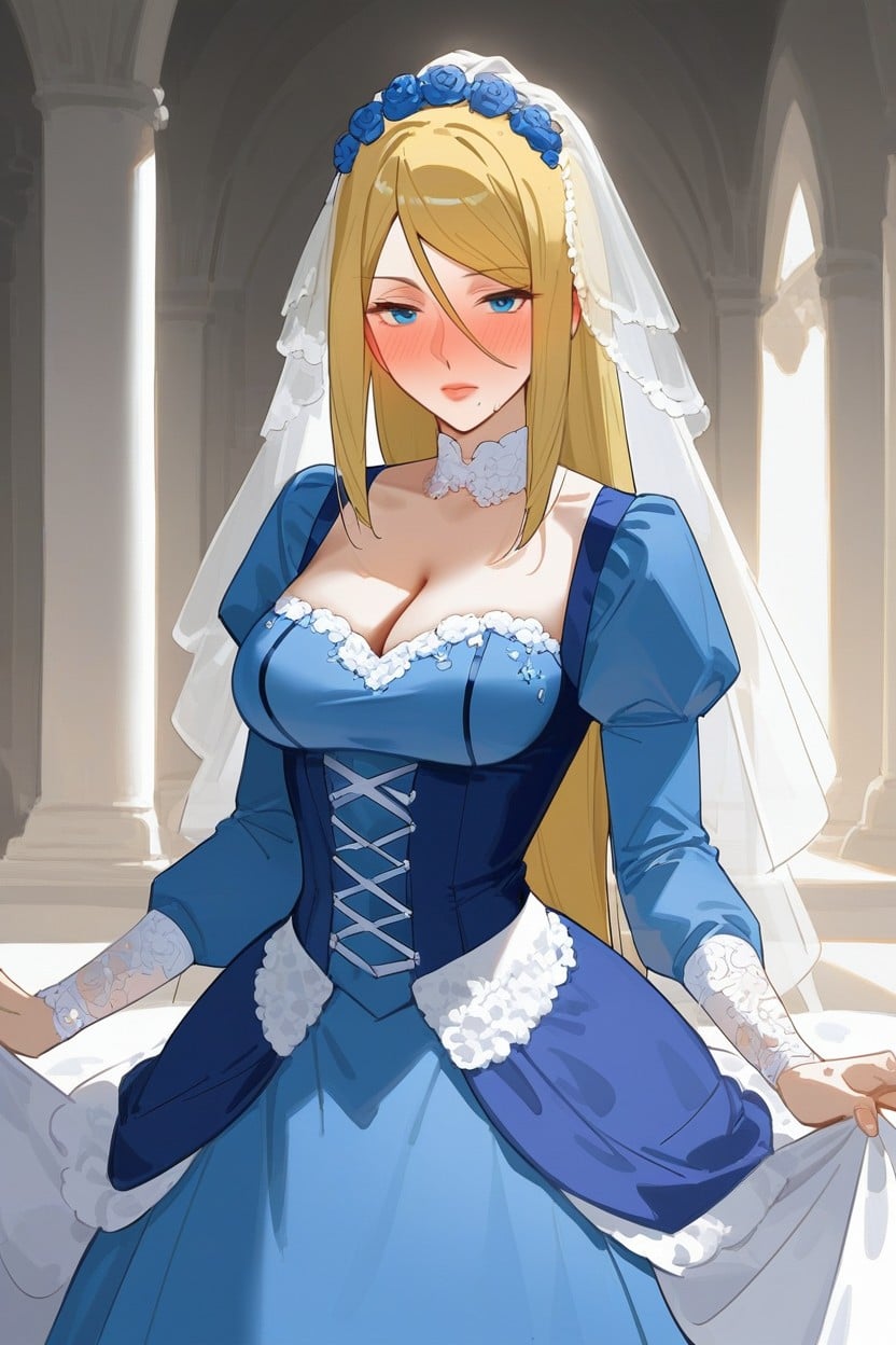 Soft Round Face, Darkblue Wedding Dress, Exaggerated Wasp Waist AI Porn