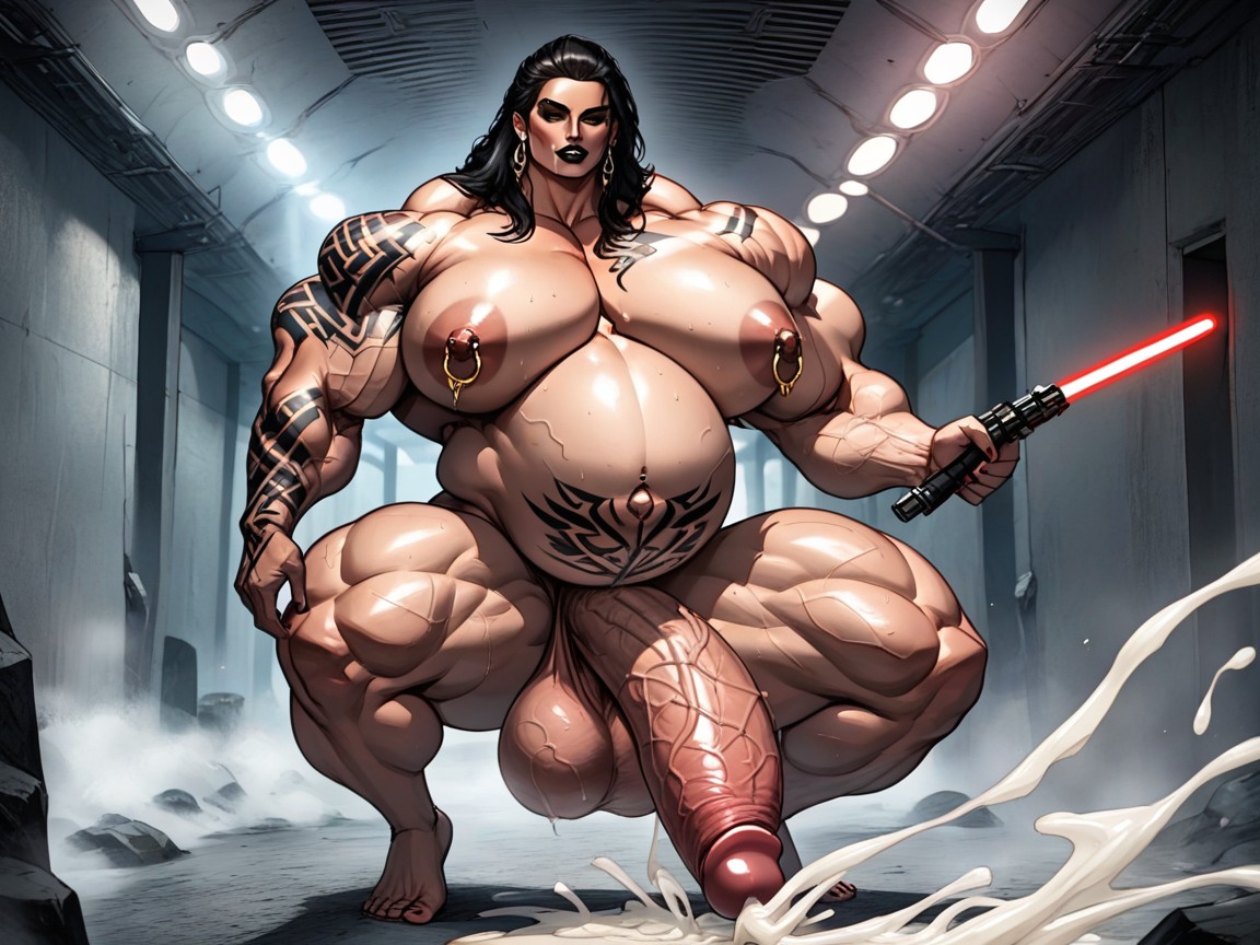 Dark Lightsaber In Hand, Lots Of Tattoo On Body, Huge Massive Arms Shemale AI Porn