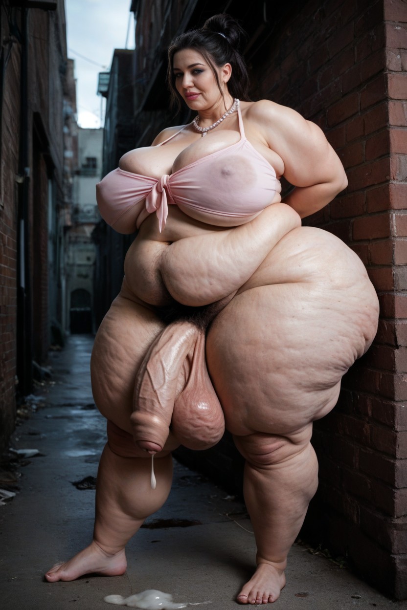 Grinning, Extremely Wide Hips, Dark Alley AI Porn