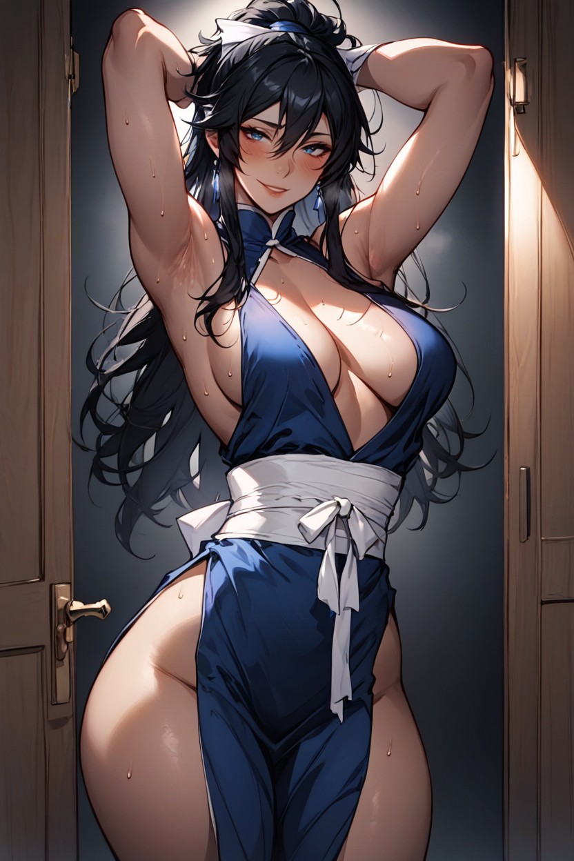 Curvy Body, Solo Female, Blue Outfit Hentai AI Porn