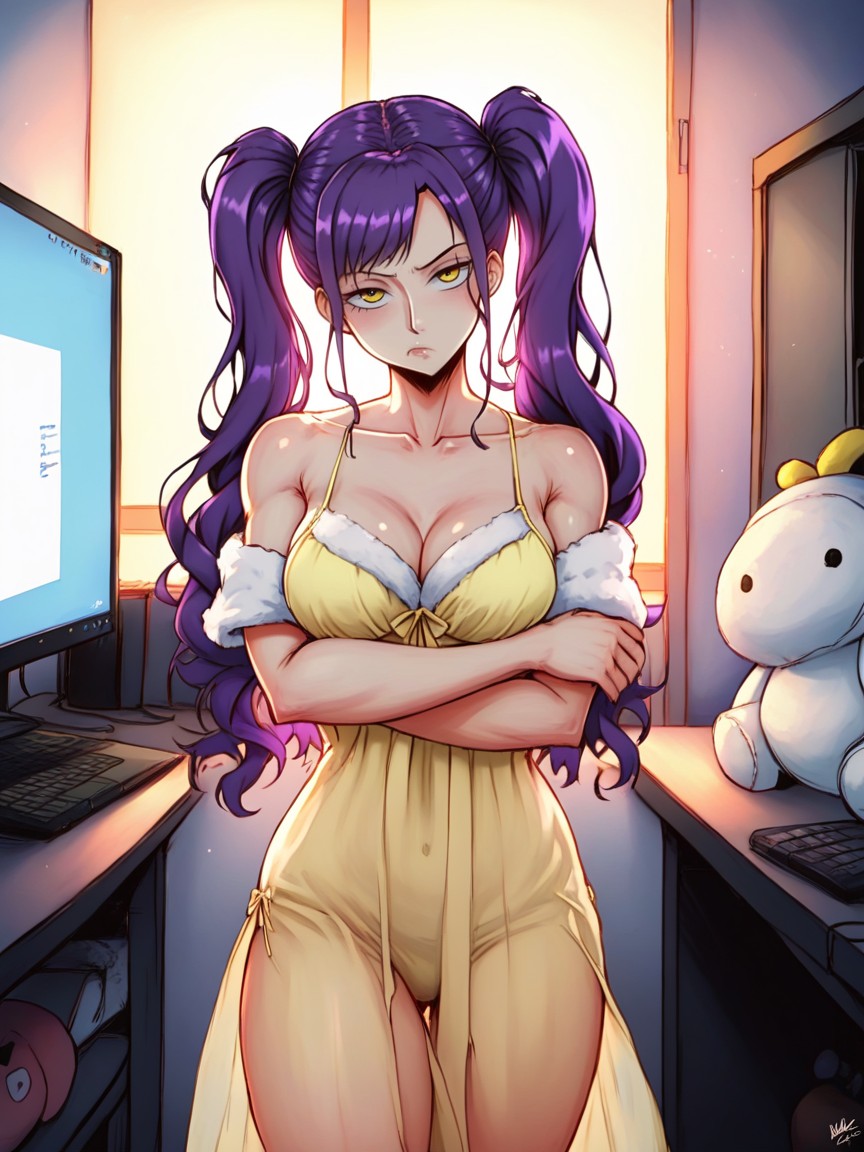 Twintails, Computer Room, Light Yellow Night Gown Hentai AI Porn