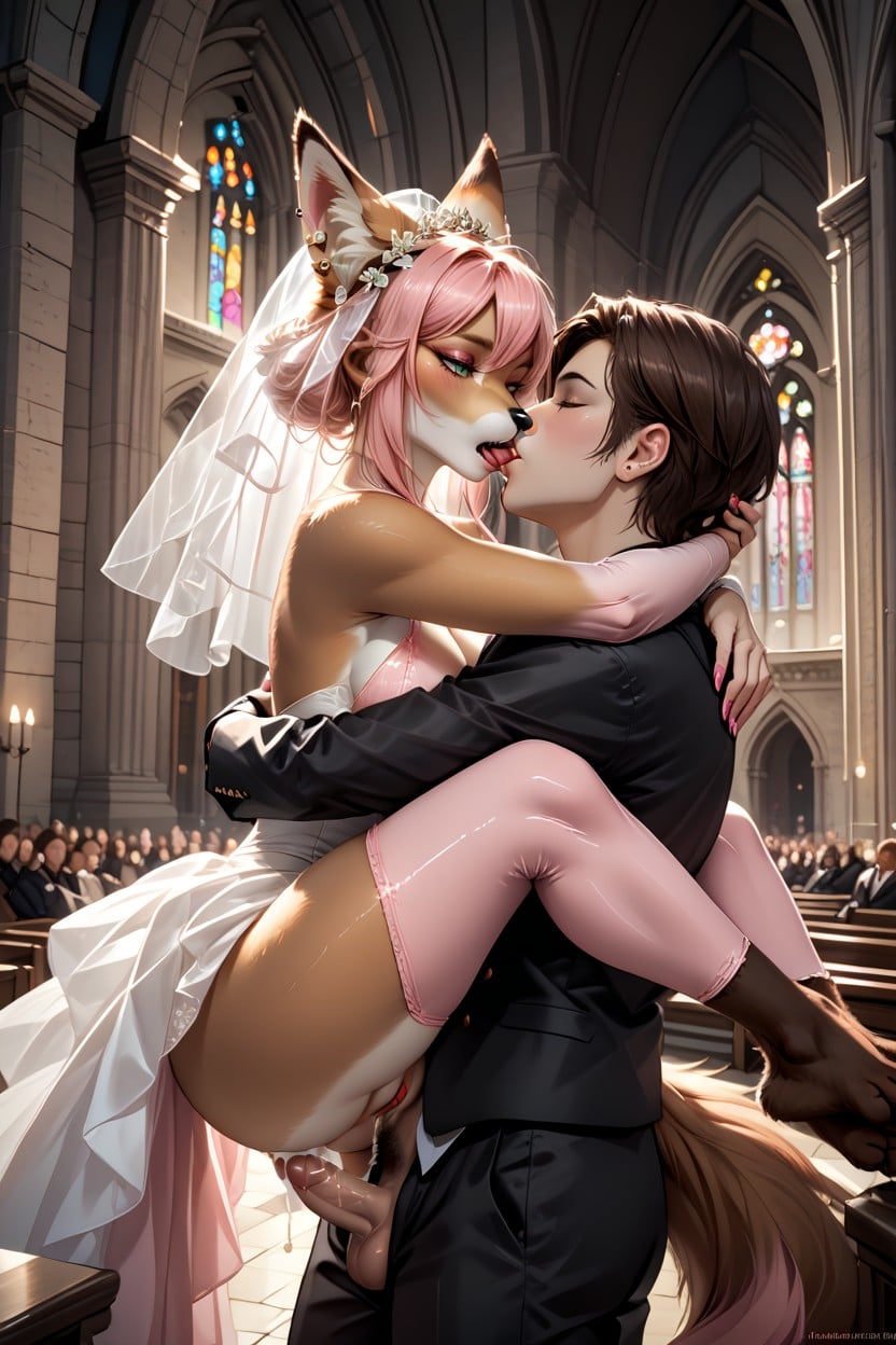 Kissing, Church, Wedding Dress 퍼리 AI 포르노