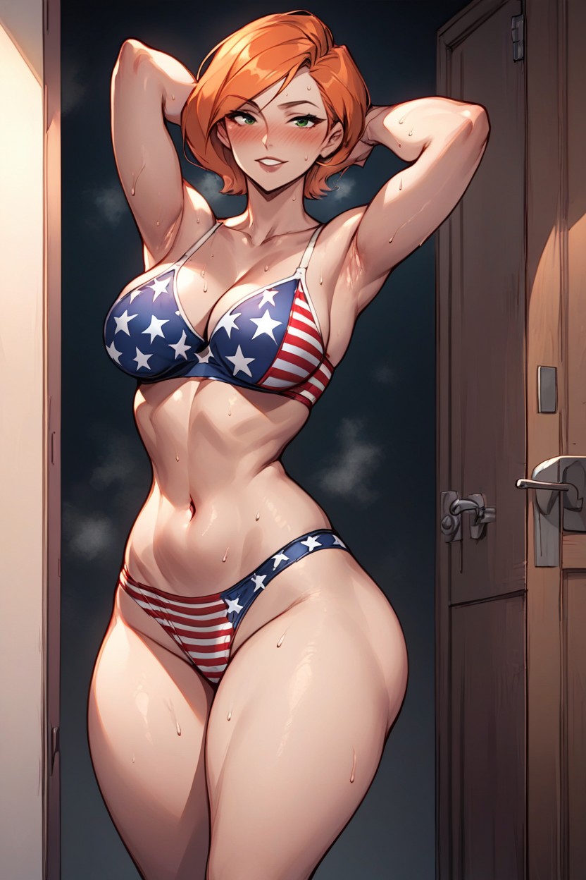 Arms Above Head, Front View, American Flag Bra Hentai AI Porn