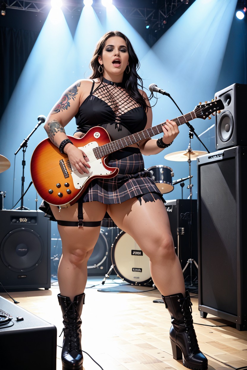 Flying V Shaped Black Colored Guitar, Torn Stockings, Brilliant Black Hair Porno BBW IA