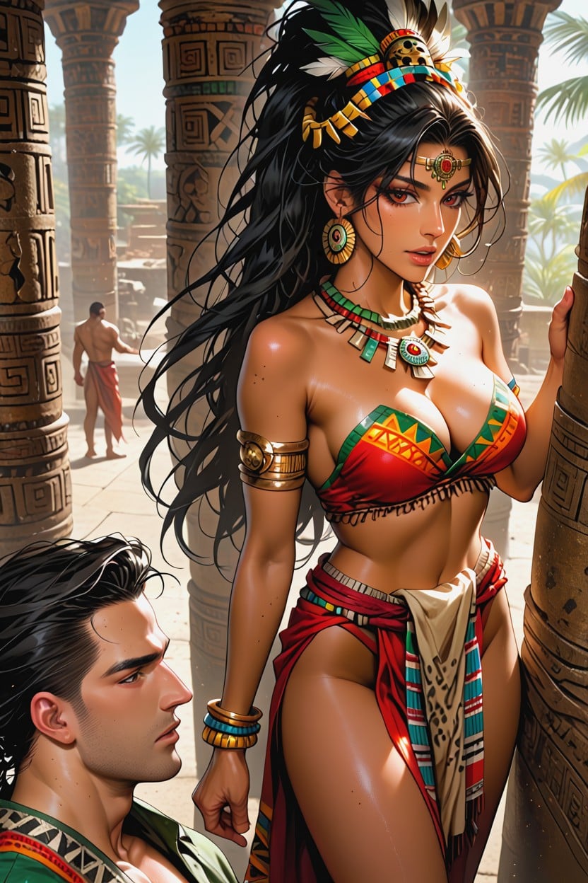 Woman Aztec Necklace, Man No Missing Fingers, Man Aztec Warrior Outfit Hentai AI Porn