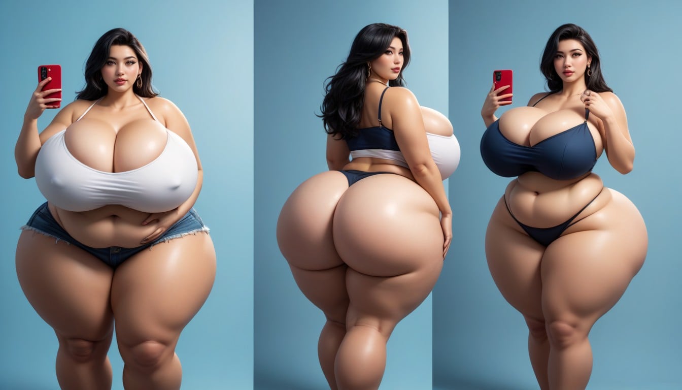 Hyper Fat Thick Curvy Fuller Figured Asian American College Woman, Multiple Views, Selfie BBW AI Porn