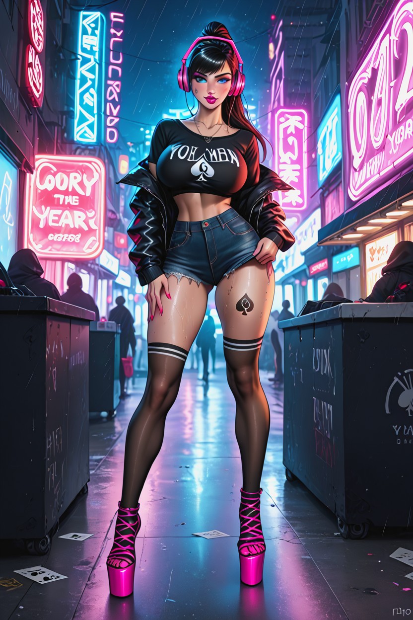 Long High Twin Tails Hairstyle, Crotch Tattoo, Pink Glitter High Platform Heels AI Porn
