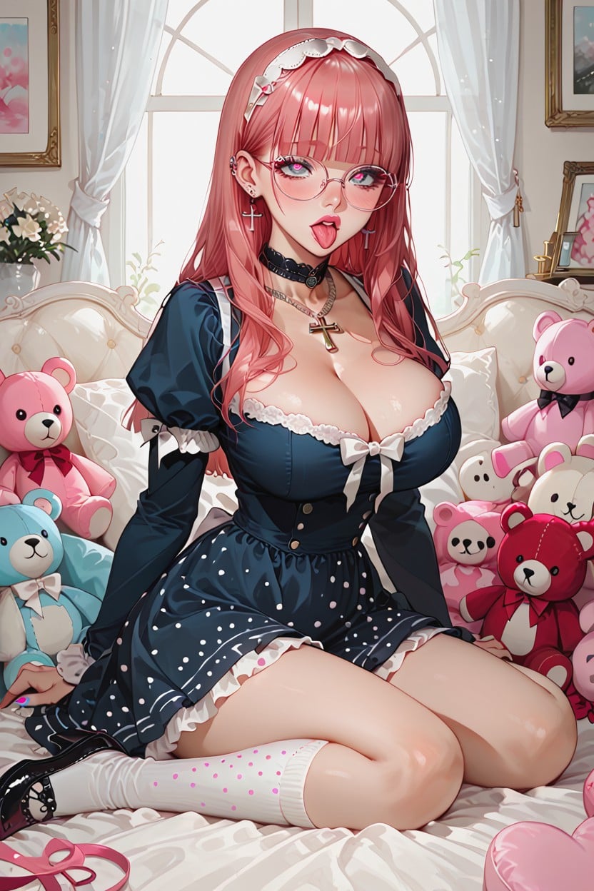 Detailed Outfit, Tongue Out, Two Tone Highlightpink And Gray Hentai AI Porn