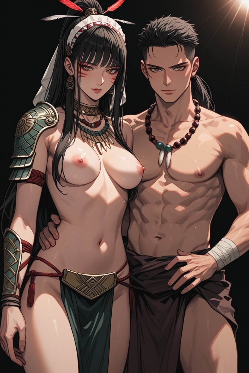 Man Maori Headdress, Cinematic, Woman Long Permed Hair With Wispy Bangs Hentai AI Porn