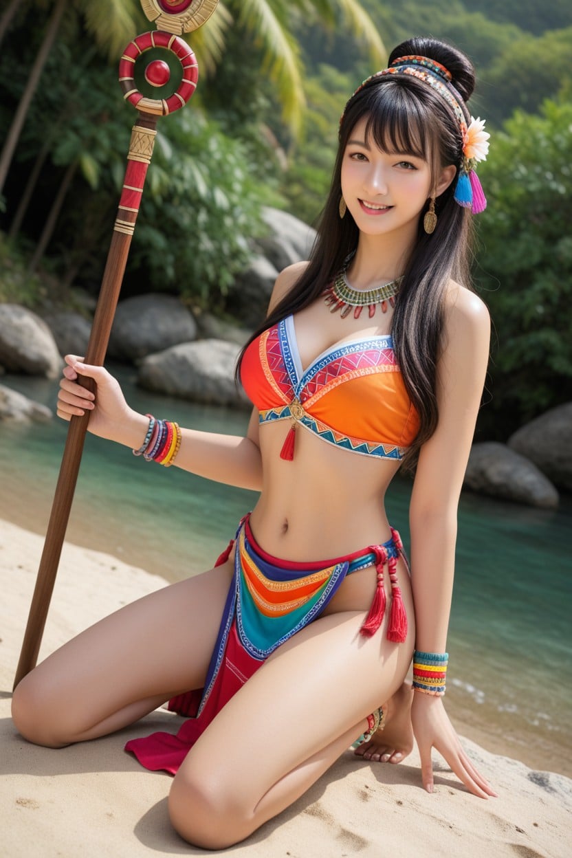 Colorful Maori Anklets, Colorful Maori Headdress, Staff On One Hand Asian AI Porn