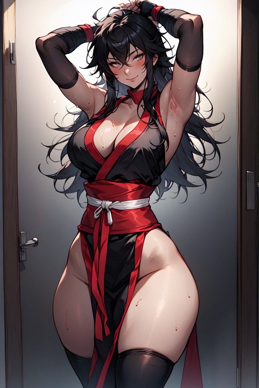 Dark Background, Arms Up, Red Sash Hentai AI Porn