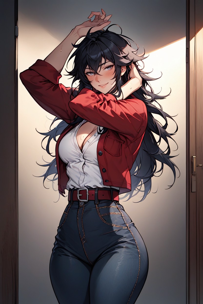 Black Pants, Black Color Hair, Arms Above Head Hentai AI Porn